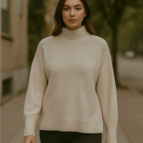 NWT Chelsea & Theodore Pale Sand Ribbed Mock Neck Sweater L - Picture 1 of 11